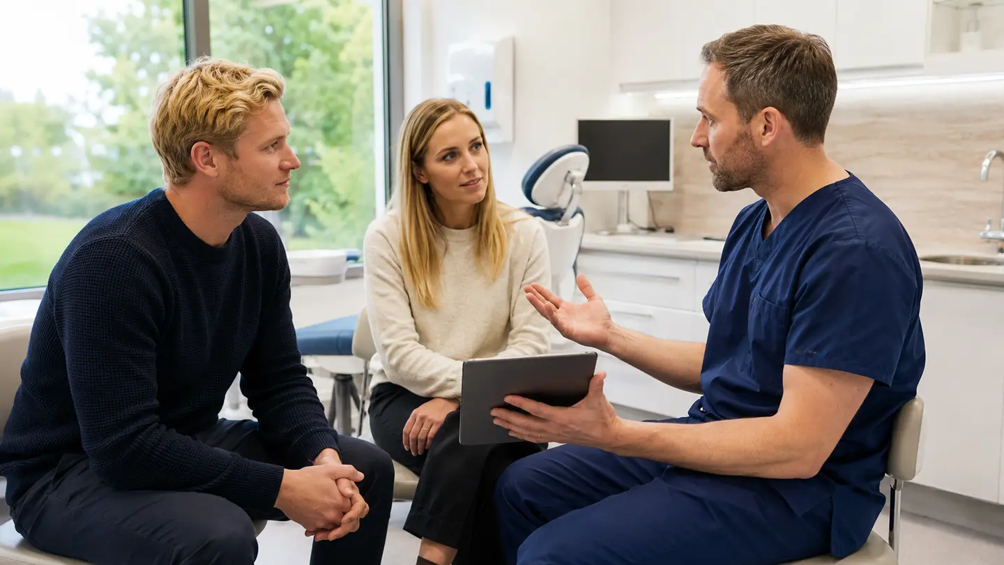 A dentist explaining a plan on a tablet to two patients in a bright consulting room.