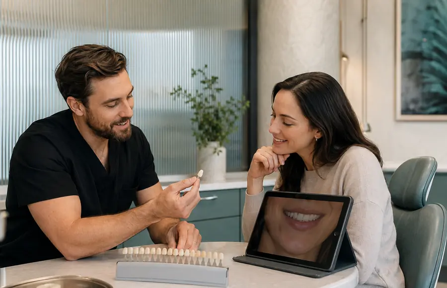 A set of porcelain veneers.