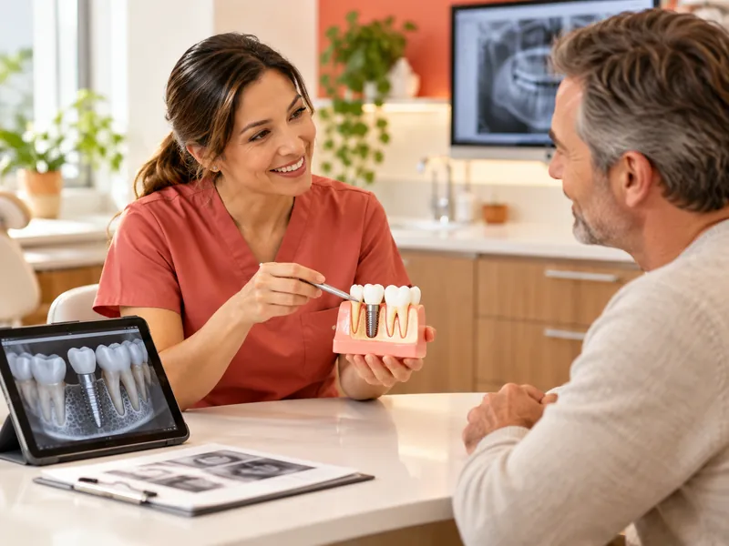 Dentystka wyjaśnia pacjentowi model implantu dentystycznego w nowoczesnej klinice.